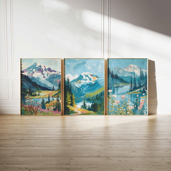 Mount Rainier Washington Mountain Landscape Travel Poster Set 3 Prints Set 3 , Poster Only