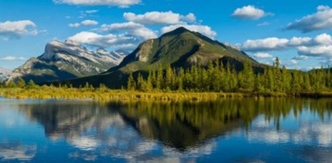 Mount Rundle and Sulphur Mountain reflecting in Vermilion Lake in the Bow River valley at Banff National Park Alberta Canada Canvas Art - Panoramic Images (24 x 12)