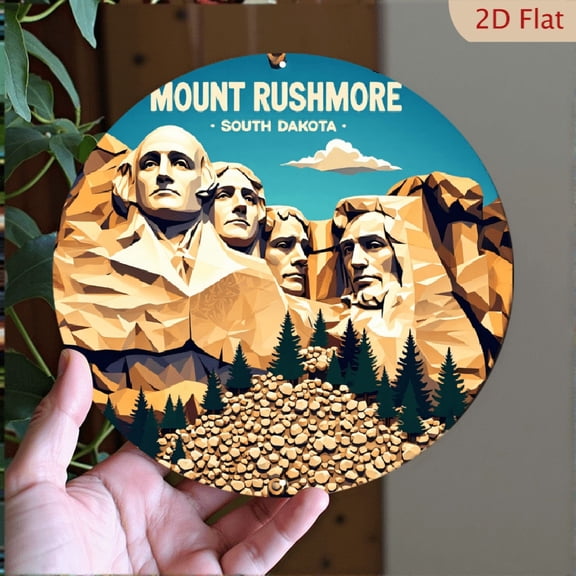 Mount Rushmore Circular Aluminum Wall Art, Geometric South Dakota National Monument Metal Print, 8x8 Inch Decorative Round Wall Decor for Home Office Living Room