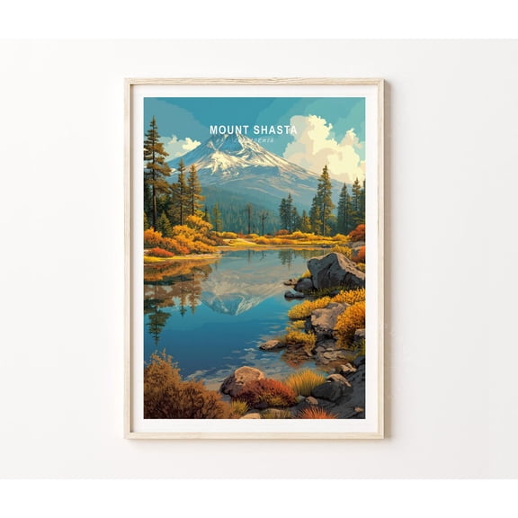Mount Shasta California Cascade Range Mountain Lake Art Print, Unframed Paper Poster 11x14in