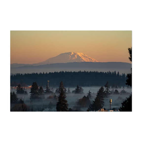 Mount St. Helens Over a Foggy Portland - Portland Oregon Photography Mountain Landscape Foggy Nature Scenic Forest Sunset Unframed Wall Art Print 4 x 6 inches