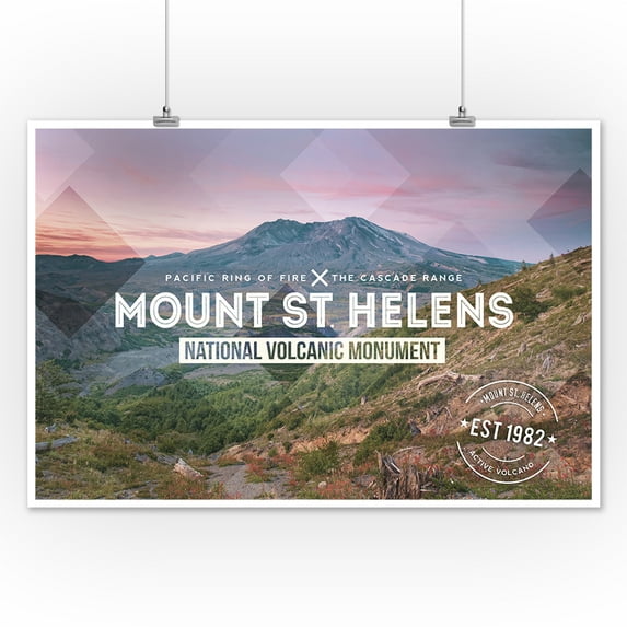 Mount St. Helens, Washington - Rubber Stamp - Lantern Press Photography (12x18 Art Print, Wall Decor Travel Poster)