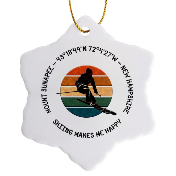 3drose, Mount Sunapee, New Hampshire. Man Skier on White. Alpine Skiing Gift, 3 inch Snowflake Porcelain Ornament