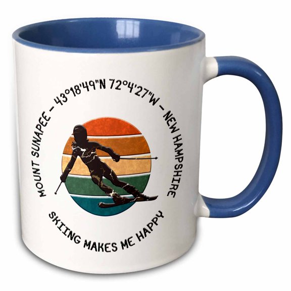 3drose, Mount Sunapee, New Hampshire. Woman Skier on White. Downhill Skiing, 11oz Two-tone Blue Mug