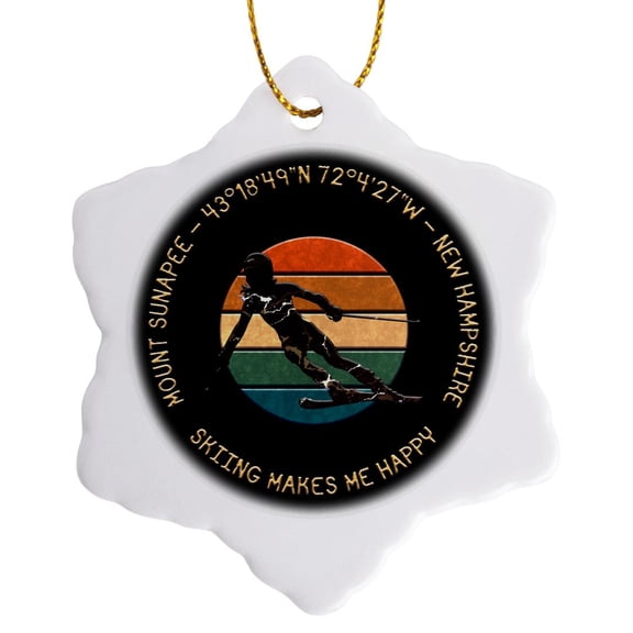 3drose, Mount Sunapee, New Hampshire. Woman Skier. Yellow, Black. Skiing Gift, 3 inch Snowflake Porcelain Ornament