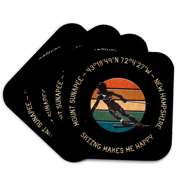 3drose, Mount Sunapee, New Hampshire. Woman Skier. Yellow, Black. Skiing Gift, Set of 4 Coasters - Soft