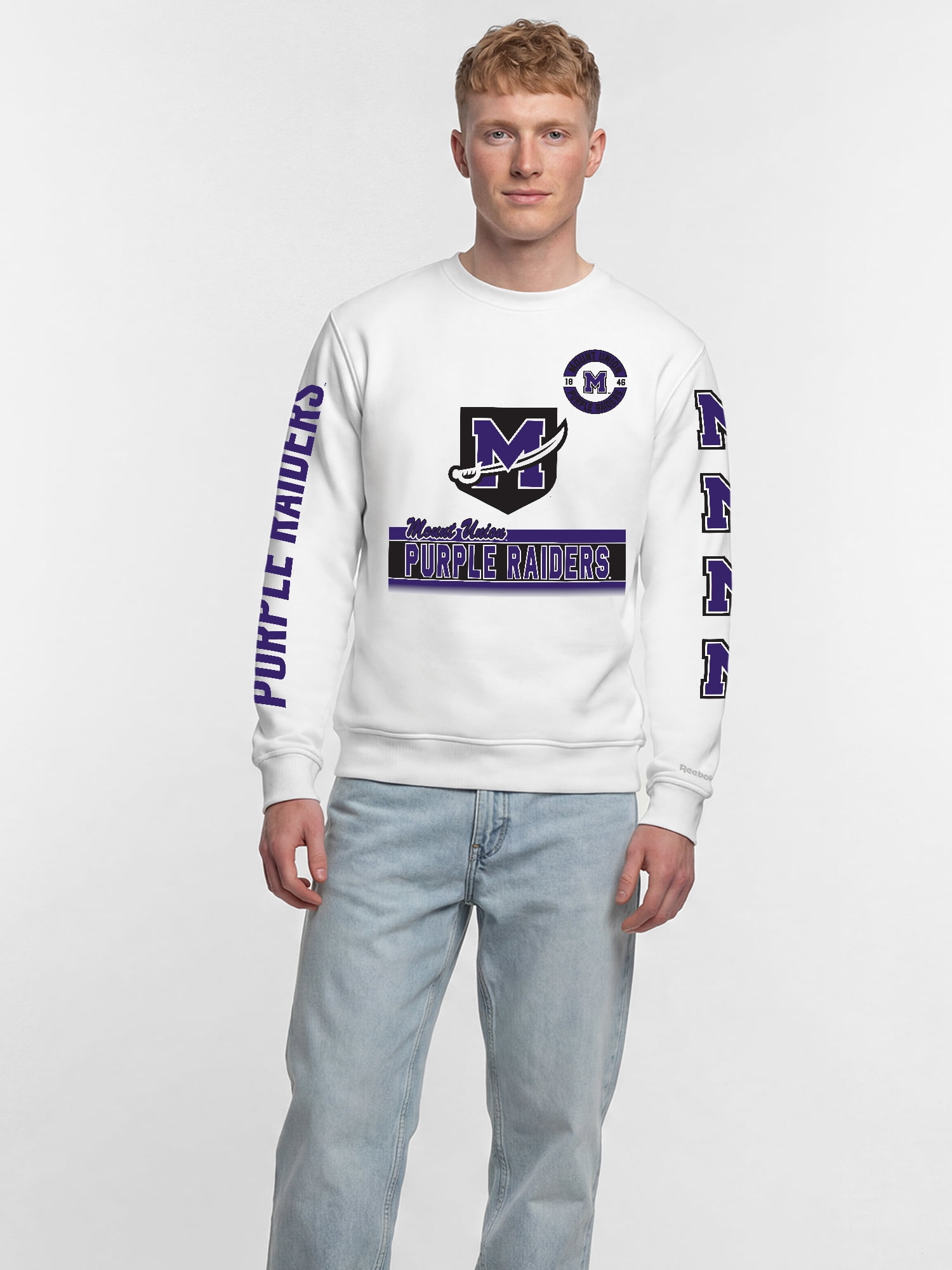 Mount Union Purple Raiders Reebok Mens White Crew Sweatshirt