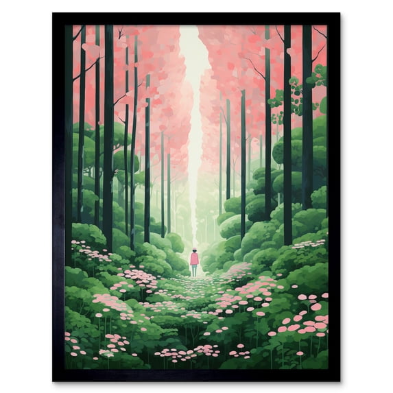 Mount Yoshino Cherry Blossom Tree Forest Bright Artwork Baby Pink Green Walk in Nature Trail Art Print Framed Poster Wall Decor 12x16 inch