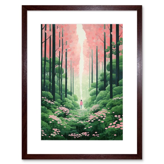Mount Yoshino Cherry Blossom Tree Forest Bright Artwork Baby Pink Green Walk in Nature Trail Artwork Framed Wall Art Print 9X7 Inch