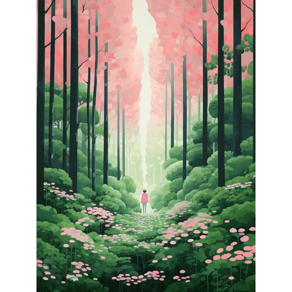 Mount Yoshino Cherry Blossom Tree Forest Bright Artwork Baby Pink Green Walk in Nature Trail Extra Large XL Wall Art Poster Print