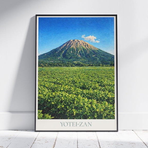 Mount Yotei Niseko Japan Travel Poster, Summer Mountain Peak And Green Fields