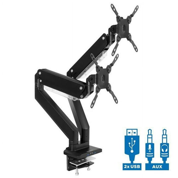 Mount-lt! Dual Monitor Desk Mount With USB Port, Fits 17"-32" Computer Screens, Gas Springs