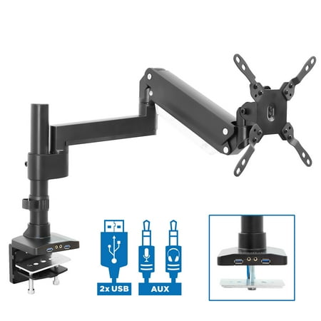 Mount-It! - Single Monitor Desk Mount with USB and Multimedia Ports - Black