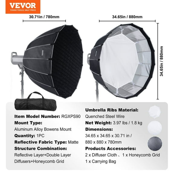 MountDog 33 Inch Parabolic Softbox - Fast Fold, Lightweight, Professional Studio Light Modifier