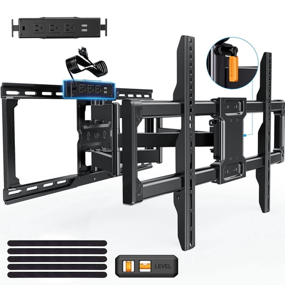 MountFTV Full Motion TV Mount with Outlet for 42-90 Inch TV, Holds up to 150lbs, Fits 24" Wood Studs, Max 600x400mm, TV Wall Mount with Power Outlet Strip Support Swivel, Tilt, Extension, Level