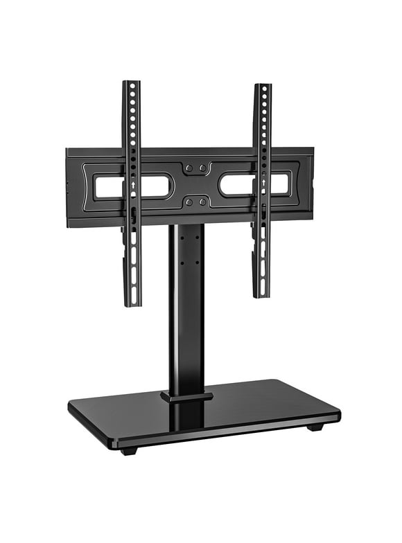MountFTV Modern Black Universal Table Top Swivel TV Stand TV Mount Glass Base for 32-65 inch LCD LED TVs, up to 35° Swivel, Alloy Steel