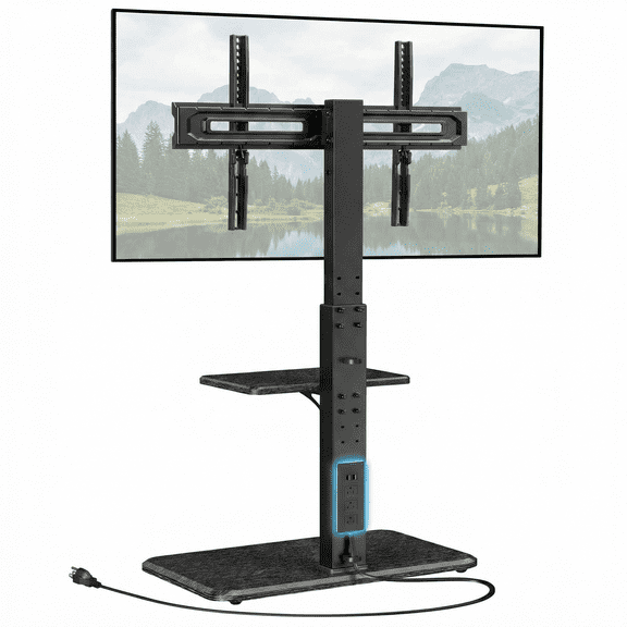 MountFTV Swivel Floor TV Stand with Power Outlet, 7-Level Height Adjustment and Tilt for 32-75 inch TVs, Tall TV Stand with Mount Holds up to 110 lbs on Wood Base, Max 600x400mm