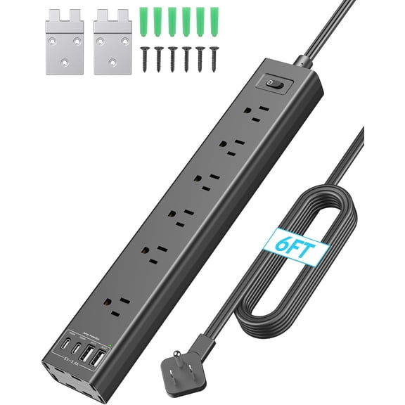 Mountable Power Strip, Wall Mount Surge Protector Power Strip with USB Ports, 6ft Flat Plug Extension Cord with Multiple Outlets for Under Desk/TV Behind