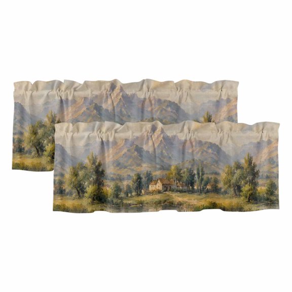 Mountain 2 Panels Kitchen Valance, Rustic Brown Valley Riverfront Oil Painting Landscape Curtains Valances for Small Windows Rod Pocket Window Treatments for Living Room Bedroom 60"W x 18"L
