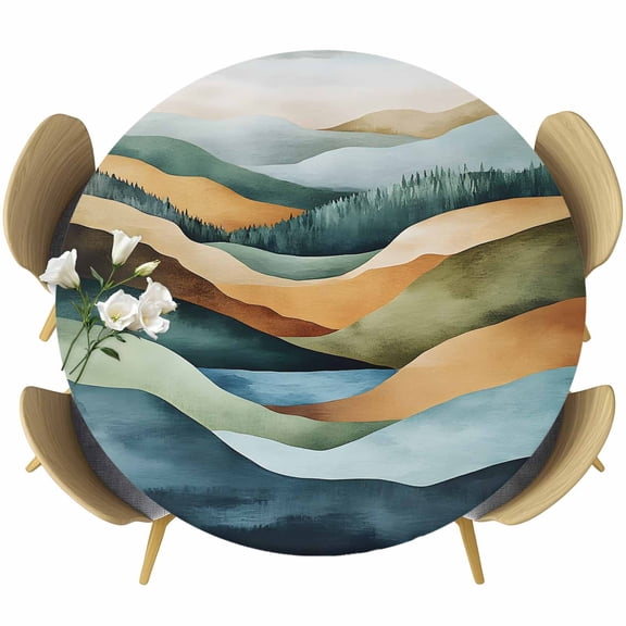 Mountain Abstract Art Round Tablecloth 55-60 Inch Round Fitted Table Cloth with Elastic Edge, Modern Art Farmhouse Waterproof Table Cover Protector for Outdoor Picnic Party Dining