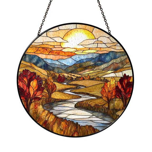 Mountain And Autumn Tree Reflection Stained Glass Window Decor, Scenic Nature Art Suncatcher For Cozy Homes