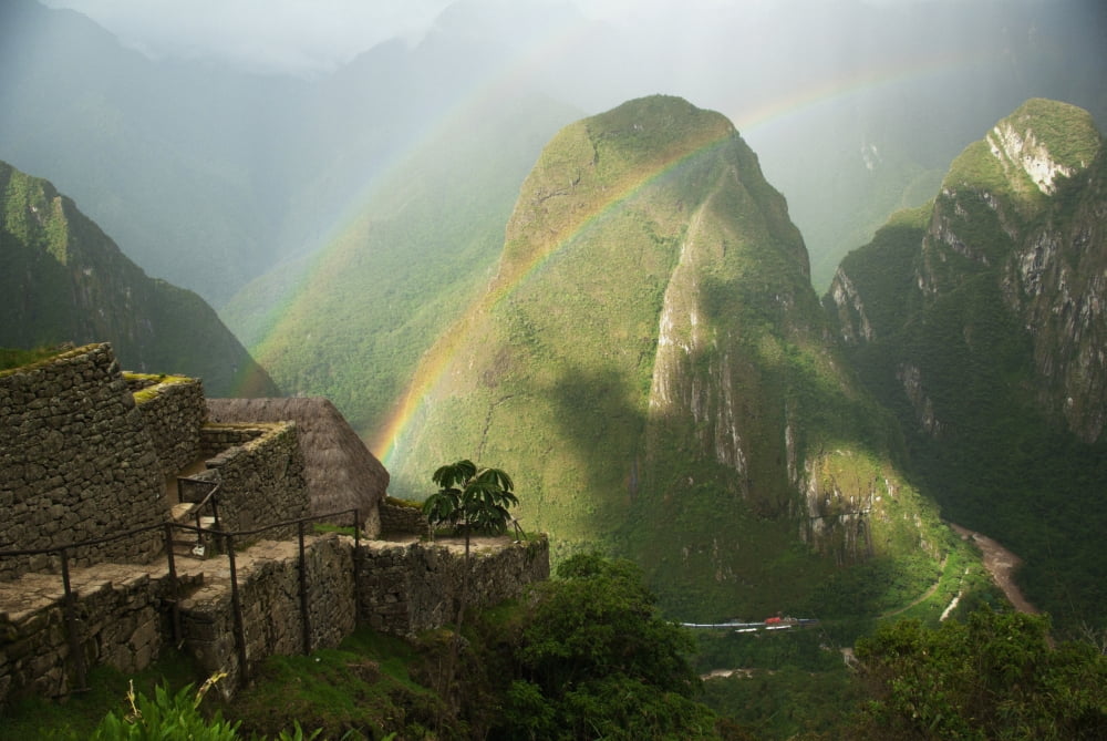 Mountain And Train Below Along Urubamba (Vilcanota) River Machu Picchu Peru Canvas Art - Emily Riddell Design Pics (17 x 11)
