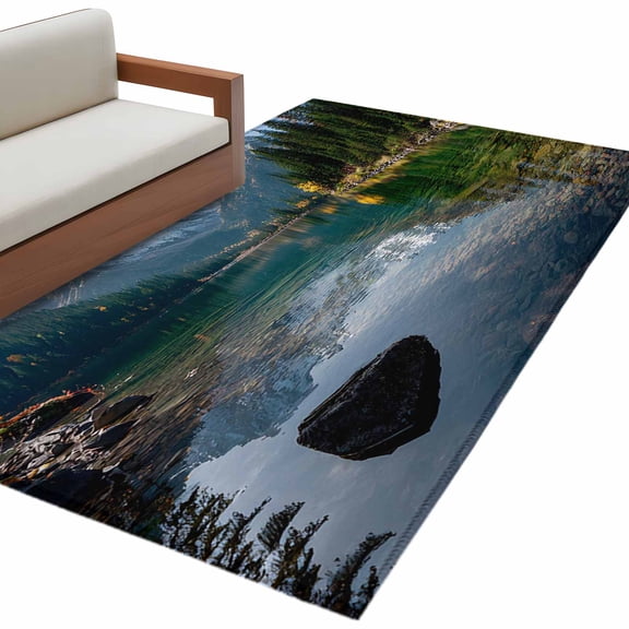 Mountain Area Rug 4x6 Washable Rug Non Slip Nature Green Forest Lake Country Large Area Rug Indoor Floor Carpet for Entryway Bedroom Kitchen Living Room Home Office Dining Room Nursery