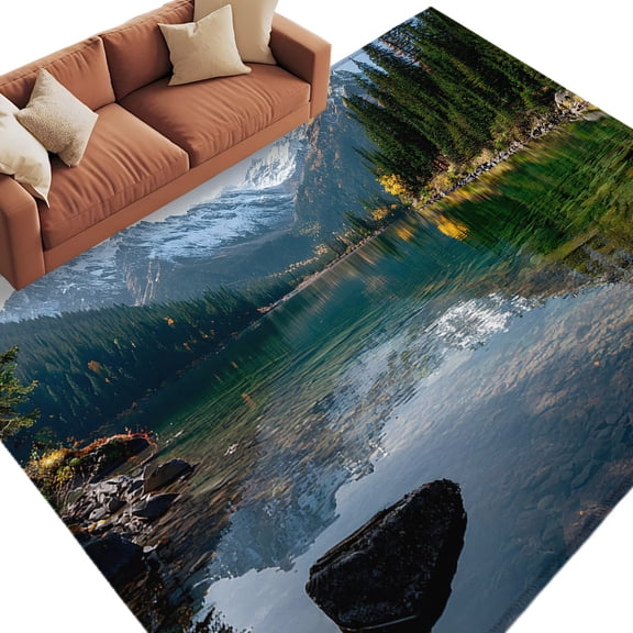 Mountain Area Rug 5x7 Washable Rug Non Slip Nature Green Forest Lake Country Large Area Rug Soft Stainresistant Indoor Floor Carpet for Living Room Bedroom Home Office Dining Room Nursery