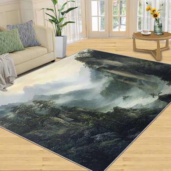 Mountain Area Rug, Forest Mountain Area Rugs for Living Room, Misty Forest Washable Rugs for Bedroom, Natural Scenery Carpet, Landscape Carpet - Mountains Home Decor & Gift 2 x 3ft