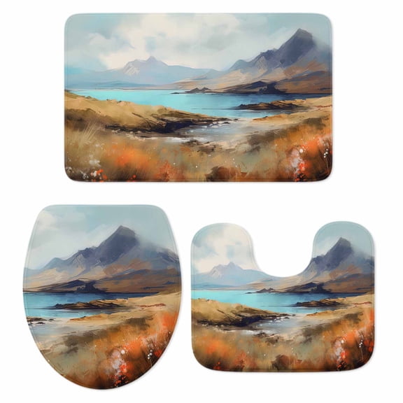 Mountain Bath Mat 3 Piece Bathroom Rug Set, Modern Landscape Oil Painting Abstract Art Non Slip Bath Rug Contour Mat and Toilet Lid Cover, Absorbent Shower Mats Soft Bath Rugs and Mats Sets