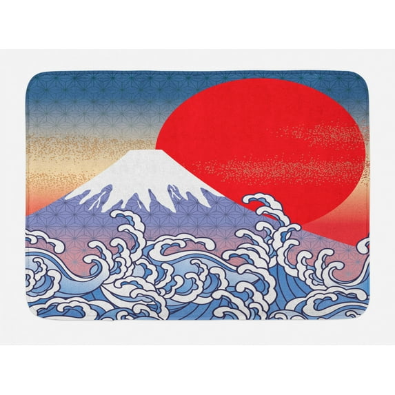 Mountain Bath Mat, Japanese Abstract Ornament with Wave off Kanagawa Hokusai Illustration, Plush Bathroom Decor Mat with Non Slip Backing, 29.5" X 17.5", Multicolor, by Ambesonne