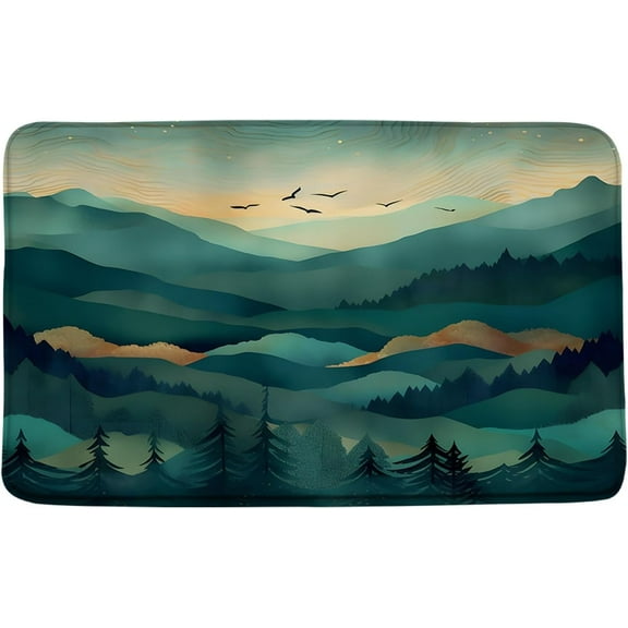 Mountain Bath Mat Spring Misty Forest Watercolor Trees Bird Sunset Abstract Teal Nature LandscapeBathroom Kitchen Rugs,17.8x29.5 Inch