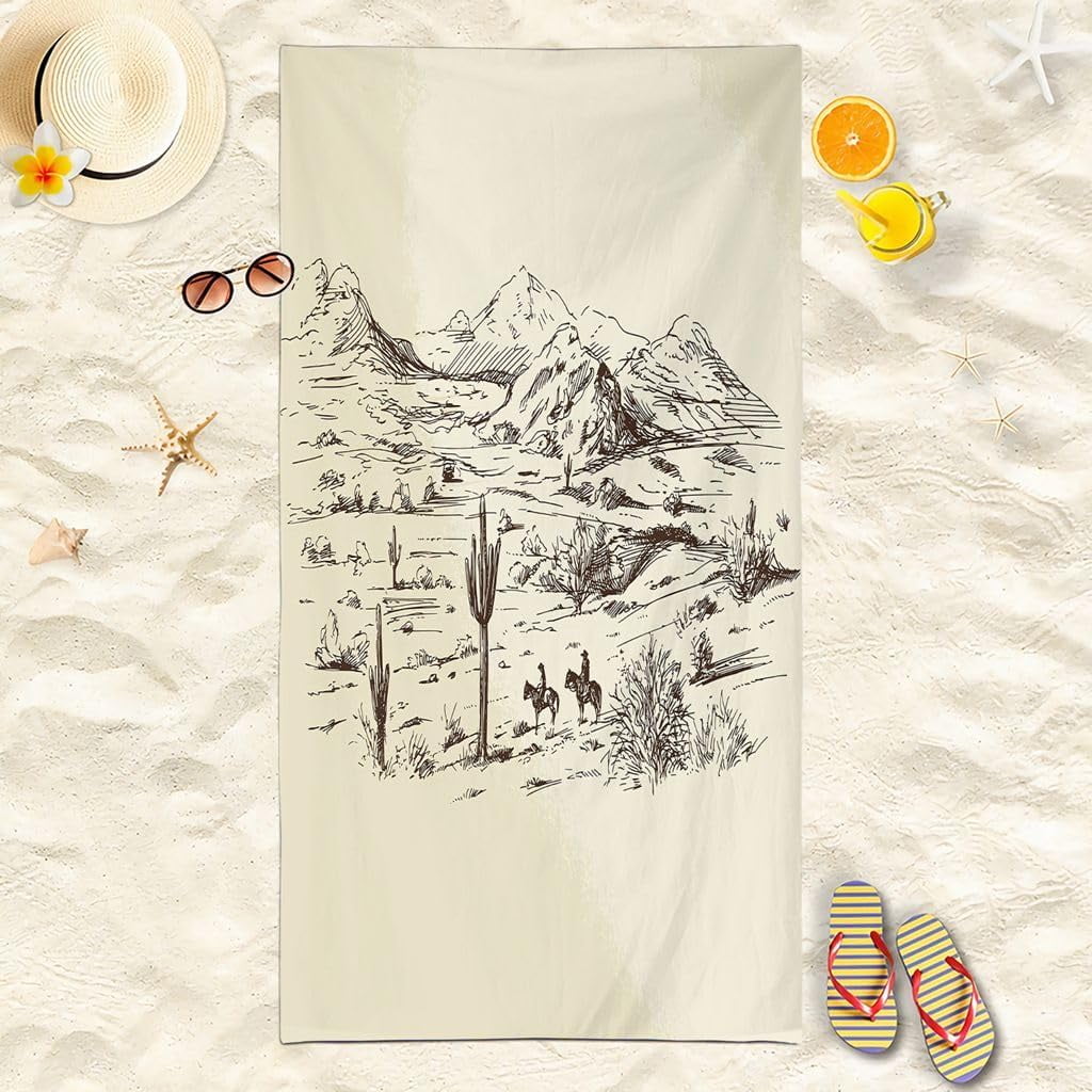 Mountain Bath Towels Western Wild West Desert Cowboys Sketch Superfine ...