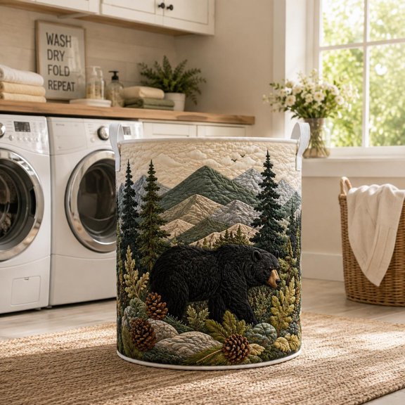 Mountain Bear Laundry Basket, Quilted Forest Storage Hamper, Rustic Cabin Blanket & Toy Organizer