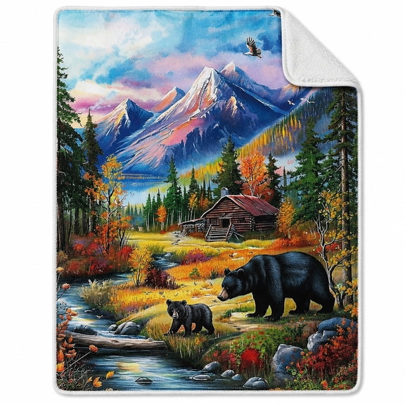 Mountain Bear Sherpa Blanket, Multicolor Wilderness Fleece Throw