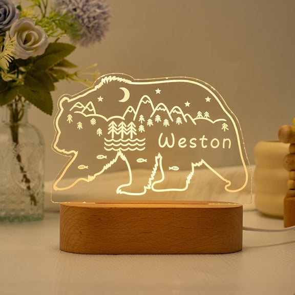 Mountain Bear Wilderness Custom Table Light Acrylic Board Wooden Base Teen Room Decor Name Gift Bedside Desk Lamp