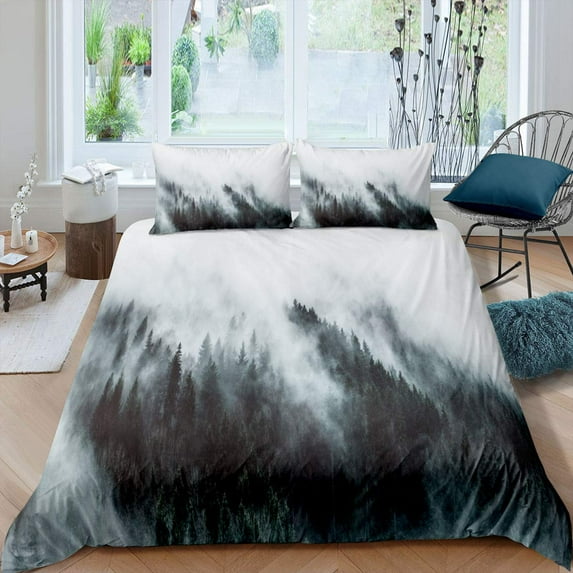 Mountain Bedding Set Forest Duvet Cover /King Size Nature Scene Grey Trees Art Folk Style 2/3pcs Polyester Comforter Cover