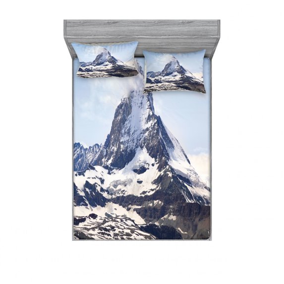Mountain Bedding Set with Sheet & Covers, Matterhorn Summit Clouds Hill Scenery Glacier Natural Beauty Image Print, Printed Bedroom Decor 2 Shams, 4 Sizes, Blue White Black, by Ambesonne