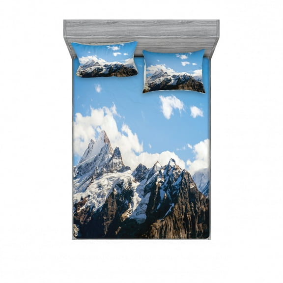 Mountain Bedding Set with Sheet & Covers, Snowy Mountain Scenery in the Summertime Cloudy Sky Natural Beauty Pattern, Printed Bedroom Decor 2 Shams, 4 Sizes, White Blue Brown, by Ambesonne