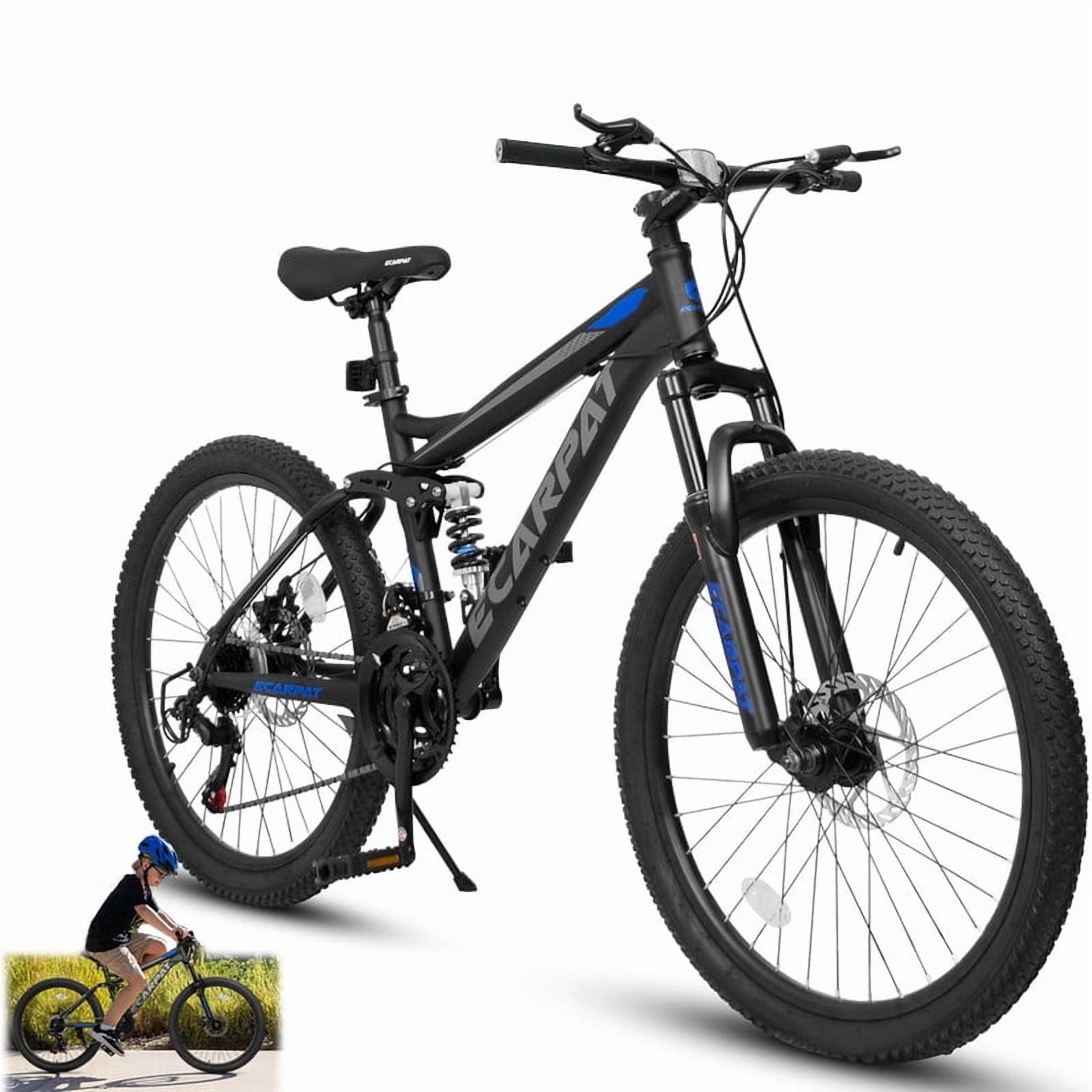 Mountain Bike 24 Inch Wheels, 21 Speed Dual Full Suspension Mountain Bicycle, High Carbon Steel Frame, Mens Womens Mountain Bikes, Birthday Gift Choice(Black)