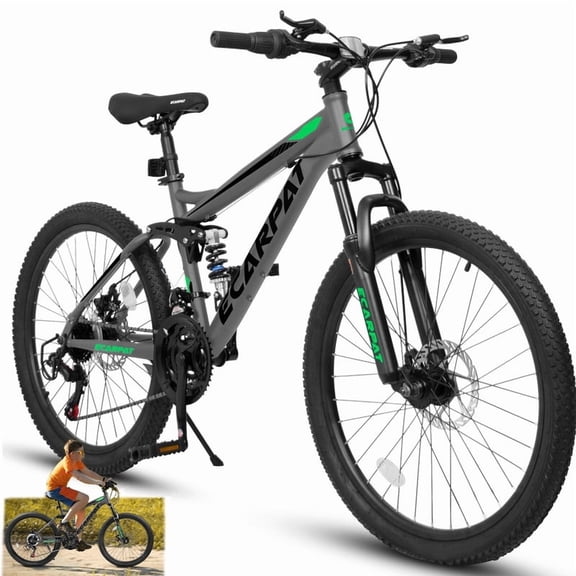 Mountain Bike 24 Inch Wheels, 21 Speed Dual Full Suspension Mountain Bicycle, High Carbon Steel Frame, Mens Womens Mountain Bikes, Birthday Gift Choice(Grey)