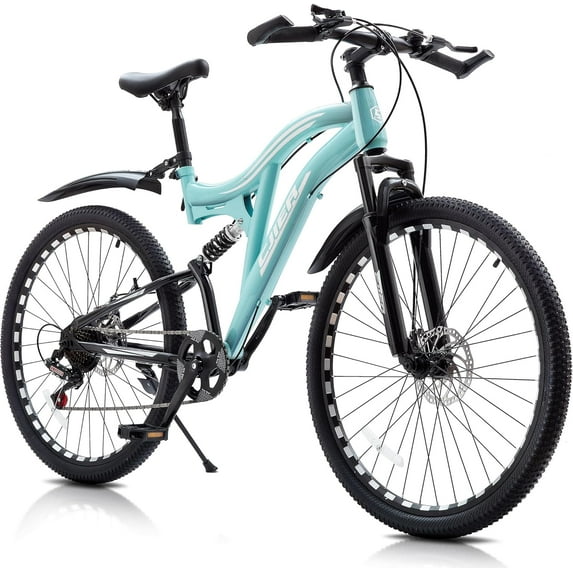 Mountain Bike for Adults, Akaber 26 Inch Full Dual Suspension MTB Bicycle, 7-Speed High-Carbon Steel Frame with Double Disc Brake, Softail Design for Men/Women Outdoor Trail Riding
