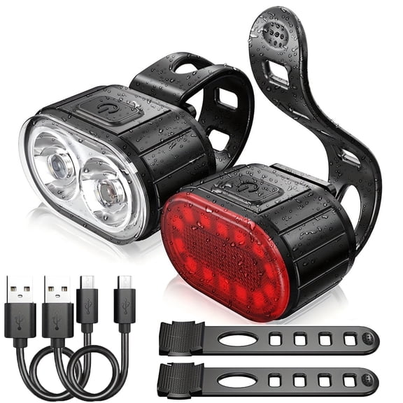 Mapskey Bicycle Lights Mountain Bike Headlight and Taillight, LED USB Rechargeable, Handlebar Mount, High Brightness for Night Riding