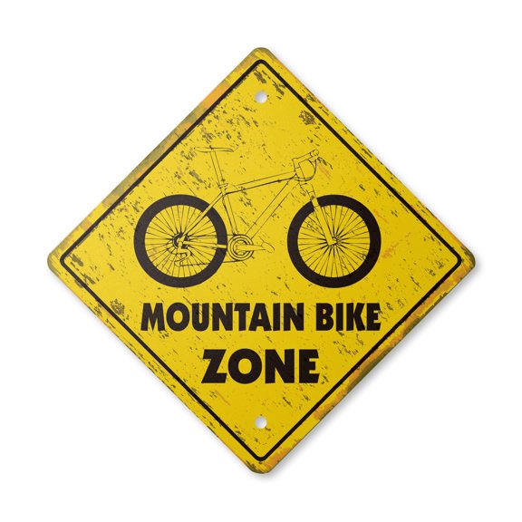 Mountain Bike Vintage Crossing Sign Zone Xing | Indoor/Outdoor Plastic | 20" Tall rustic jump trail tires brakes gear oil