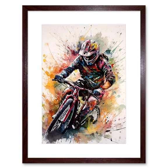 Mountain Biker Action Shot Paint Splat Portrait Artwork Framed Wall Art Print 9X7 Inch