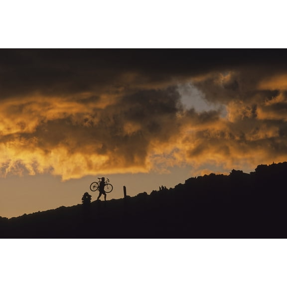 Mountain Biker Carries Bike Up Rocky Slope Sunset Clouds Behind Whistler Bc Canada Canvas Art - Leanna Rathkelly Design Pics (34 x 22)