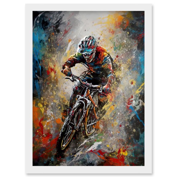 Mountain Biker Paint Splat Action Shot Portrait Artwork Framed Wall Art Print A4