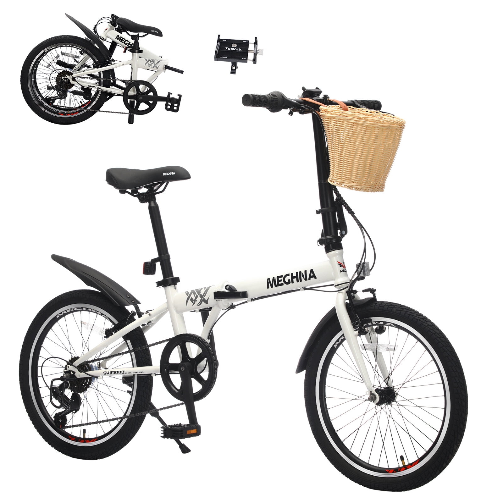 Mountain Bikes 20 Inch Folding Bike for Adults with Basket, Phone Holder & Fenders, Steel Frame 6-Speed City Commuter, Dual V-Brake Portable Compact Bicycle for Men & Women,Hybrid Bikes