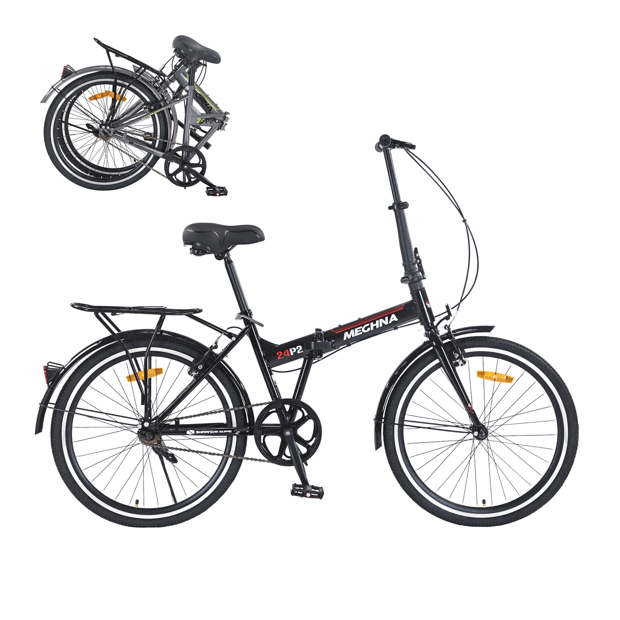 Mountain Bikes 24 Inch Folding Bike for Adults with Fenders, Steel Frame Single Speed City Commuter, Dual V-Brake Portable Compact Bicycle for Men & Women,Hybrid Bikes