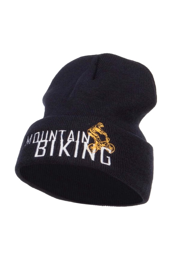 Mountain Biking Embroidered Long Beanie - Navy OSFM
